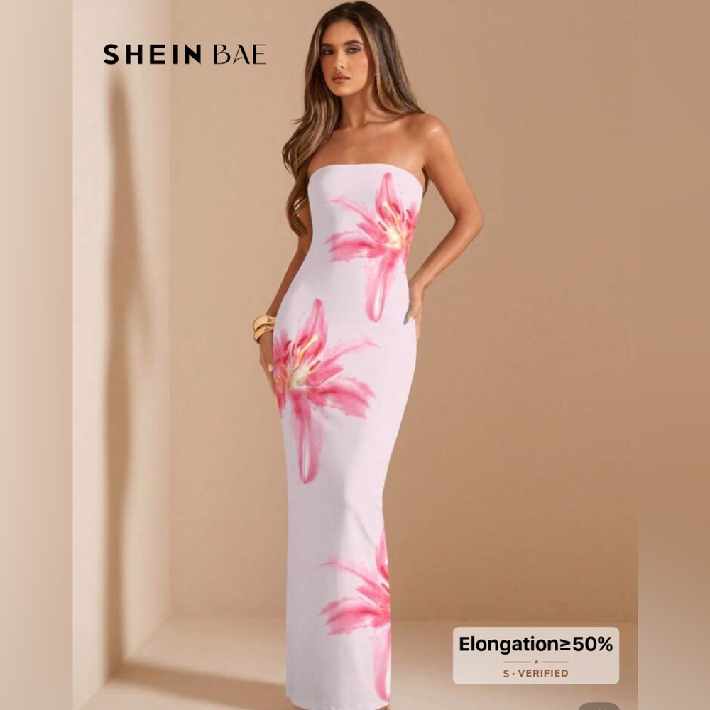 SHEIN Strapless White Dress with Pink Floral Design